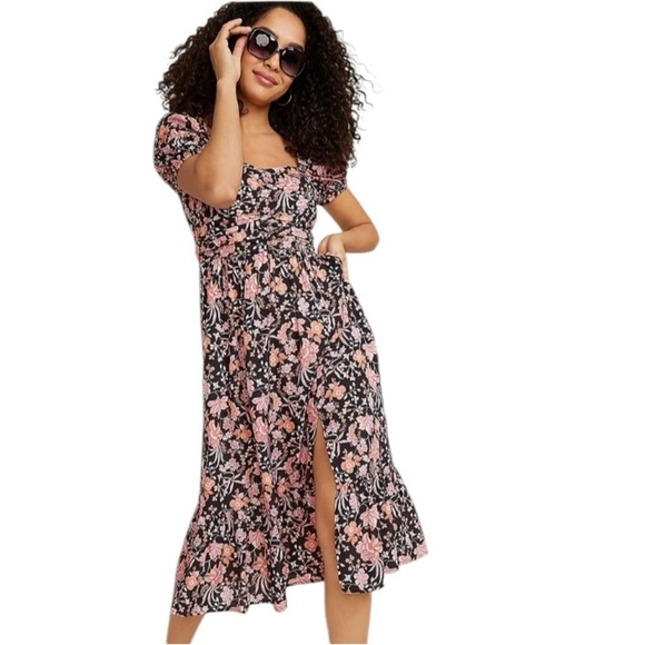 NEW Floral Sweetheart Neck Dark Cottagecore Puff Sleeve Front Slit Midi Dress XS - Picture 1 of 15
